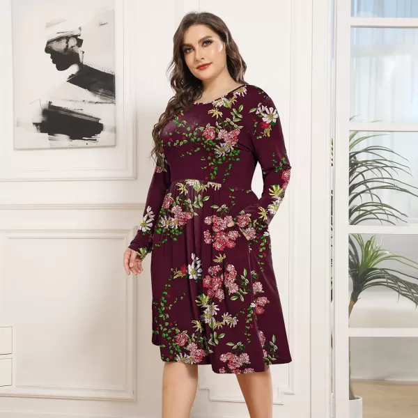 POSESHE Women's Plus Size Dresses Long Sleeves Crew Neck Casual Dresses Empire Waist Loose Flowy Dress with Pockets