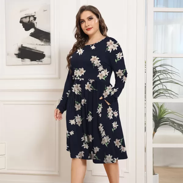 POSESHE Women's Plus Size Dresses Long Sleeves Crew Neck Casual Dresses Empire Waist Loose Flowy Dress with Pockets