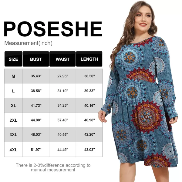 POSESHE Women's Plus Size Dresses Long Sleeves Crew Neck Casual Dresses Empire Waist Loose Flowy Dress with Pockets