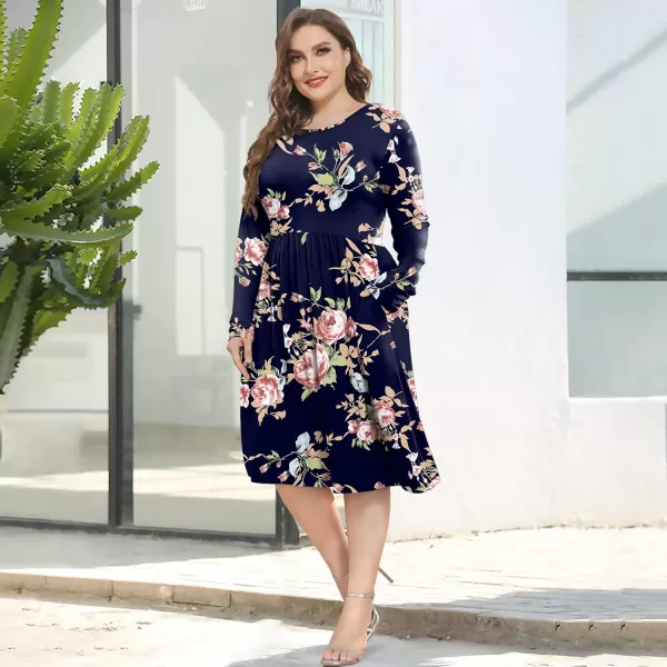 POSESHE Women's Plus Size Dresses Long Sleeves Crew Neck Casual Dresses Empire Waist Loose Flowy Dress with Pockets