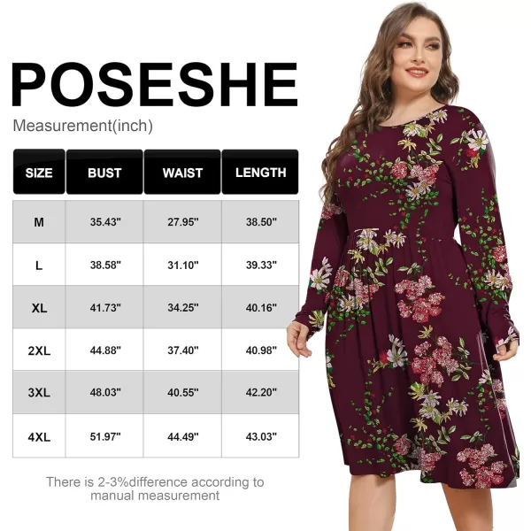 POSESHE Women's Plus Size Dresses Long Sleeves Crew Neck Casual Dresses Empire Waist Loose Flowy Dress with Pockets