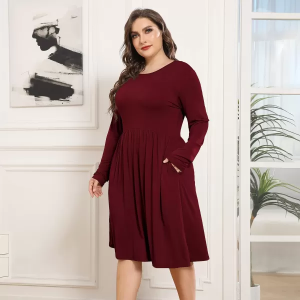 POSESHE Women's Plus Size Dresses Long Sleeves Crew Neck Casual Dresses Empire Waist Loose Flowy Dress with Pockets
