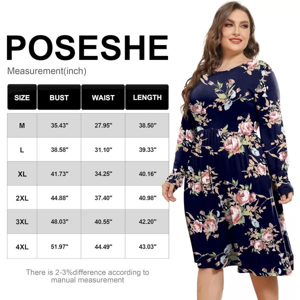 POSESHE Women's Plus Size Dresses Long Sleeves Crew Neck Casual Dresses Empire Waist Loose Flowy Dress with Pockets
