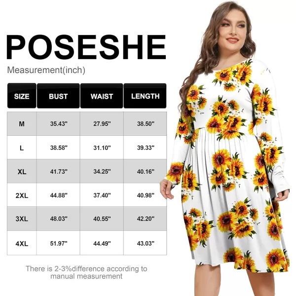 POSESHE Women's Plus Size Dresses Long Sleeves Crew Neck Casual Dresses Empire Waist Loose Flowy Dress with Pockets