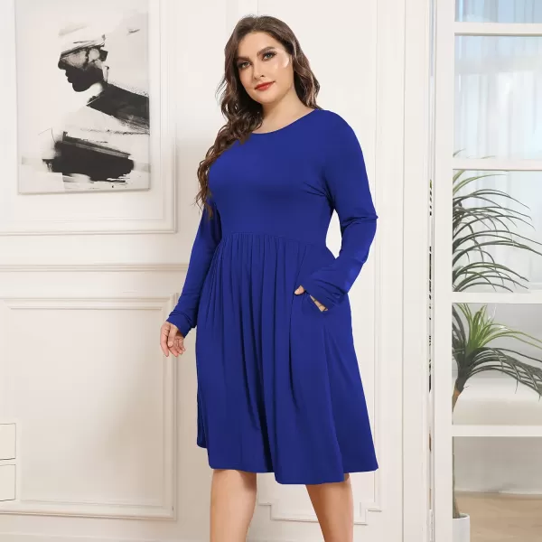 POSESHE Women's Plus Size Dresses Long Sleeves Crew Neck Casual Dresses Empire Waist Loose Flowy Dress with Pockets