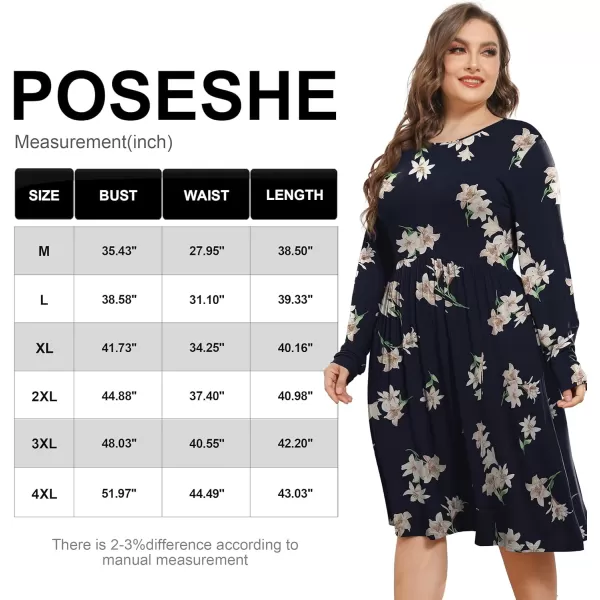 POSESHE Women's Plus Size Dresses Long Sleeves Crew Neck Casual Dresses Empire Waist Loose Flowy Dress with Pockets