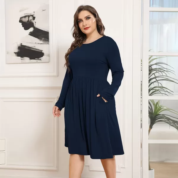 POSESHE Women's Plus Size Dresses Long Sleeves Crew Neck Casual Dresses Empire Waist Loose Flowy Dress with Pockets