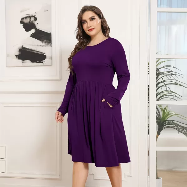 POSESHE Women's Plus Size Dresses Long Sleeves Crew Neck Casual Dresses Empire Waist Loose Flowy Dress with Pockets
