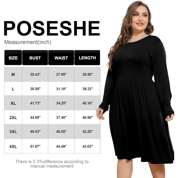 POSESHE Women's Plus Size Dresses Long Sleeves Crew Neck Casual Dresses Empire Waist Loose Flowy Dress with Pockets