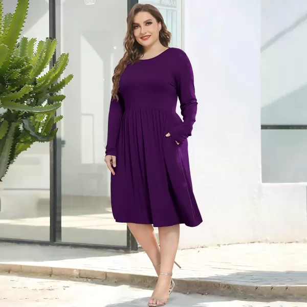 POSESHE Women's Plus Size Dresses Long Sleeves Crew Neck Casual Dresses Empire Waist Loose Flowy Dress with Pockets