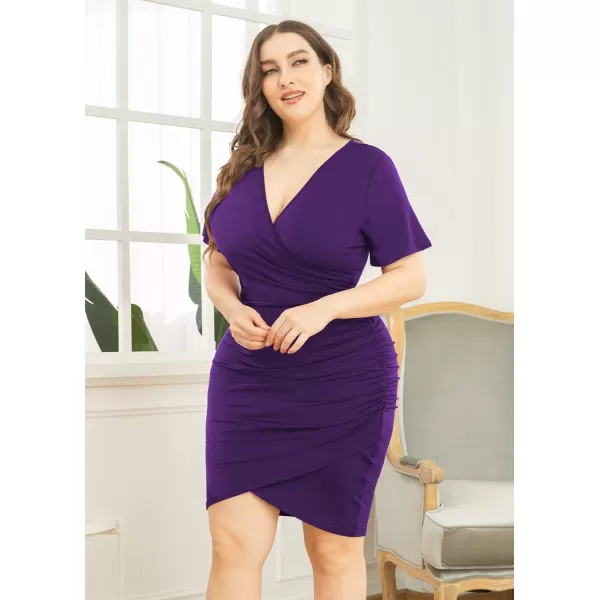 POSESHE Womens Plus Size Dresses Short Sleeve V Neck Ruched Bodycon Wrap Dress Sexy Casual Wedding Guest Cocktail Dress