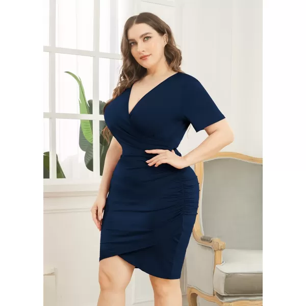 POSESHE Womens Plus Size Dresses Short Sleeve V Neck Ruched Bodycon Wrap Dress Sexy Casual Wedding Guest Cocktail Dress