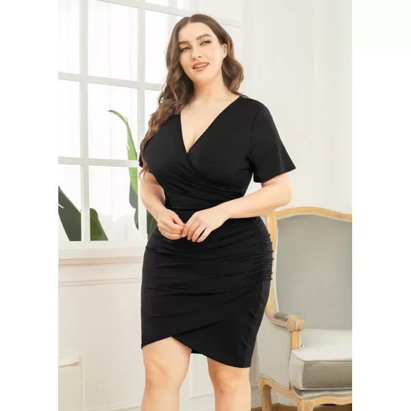 POSESHE Womens Plus Size Dresses Short Sleeve V Neck Ruched Bodycon Wrap Dress Sexy Casual Wedding Guest Cocktail Dress