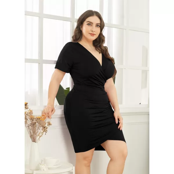 POSESHE Womens Plus Size Dresses Short Sleeve V Neck Ruched Bodycon Wrap Dress Sexy Casual Wedding Guest Cocktail Dress
