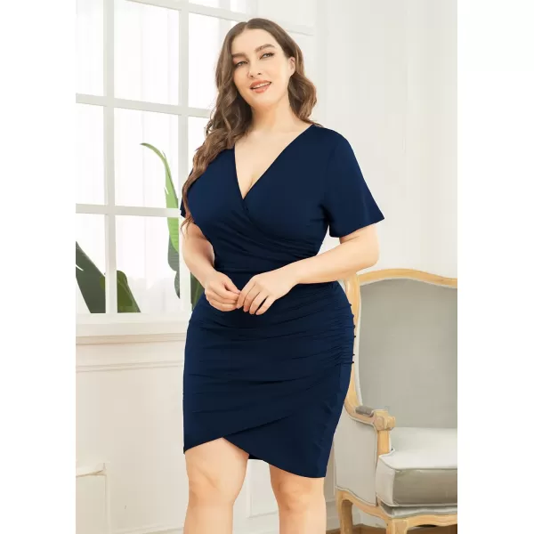 POSESHE Womens Plus Size Dresses Short Sleeve V Neck Ruched Bodycon Wrap Dress Sexy Casual Wedding Guest Cocktail Dress