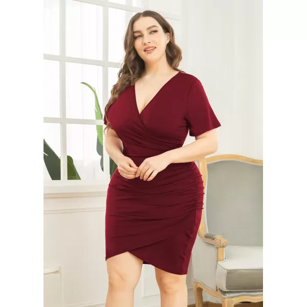 POSESHE Womens Plus Size Dresses Short Sleeve V Neck Ruched Bodycon Wrap Dress Sexy Casual Wedding Guest Cocktail Dress