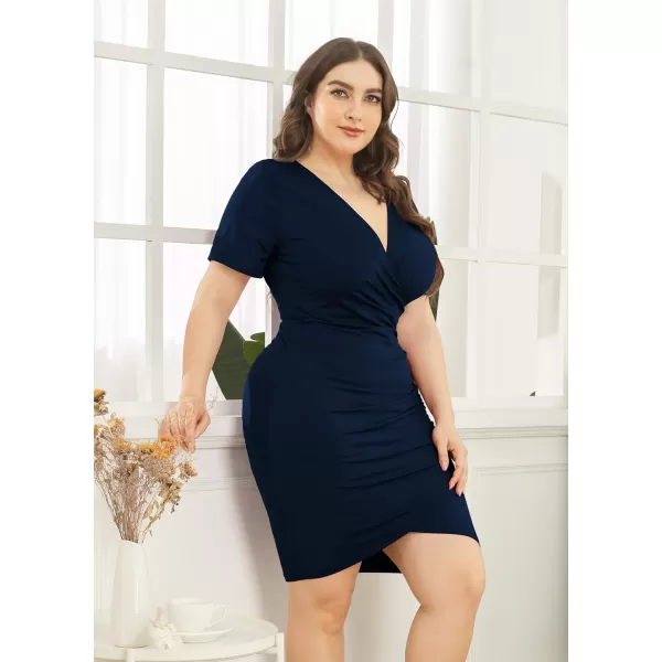 POSESHE Womens Plus Size Dresses Short Sleeve V Neck Ruched Bodycon Wrap Dress Sexy Casual Wedding Guest Cocktail Dress