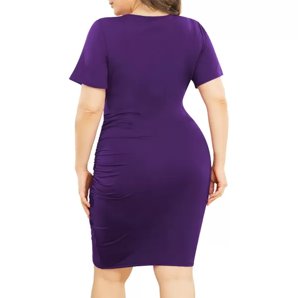 POSESHE Womens Plus Size Dresses Short Sleeve V Neck Ruched Bodycon Wrap Dress Sexy Casual Wedding Guest Cocktail Dress