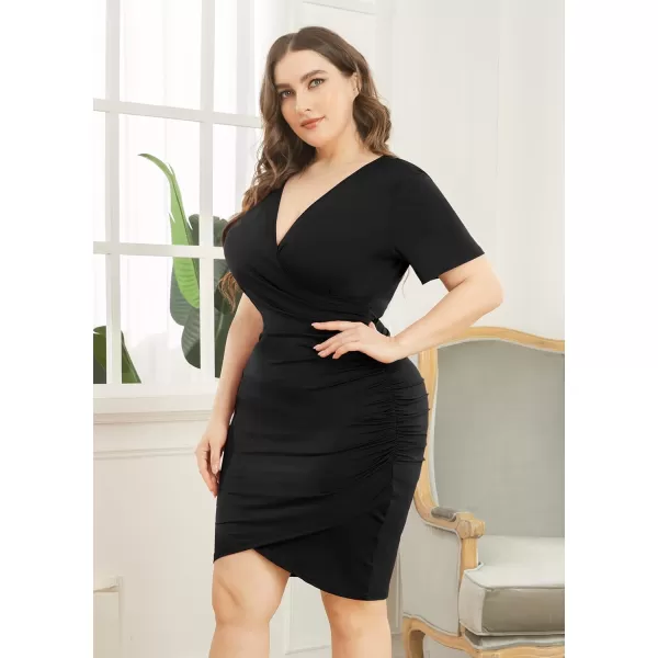 POSESHE Womens Plus Size Dresses Short Sleeve V Neck Ruched Bodycon Wrap Dress Sexy Casual Wedding Guest Cocktail Dress