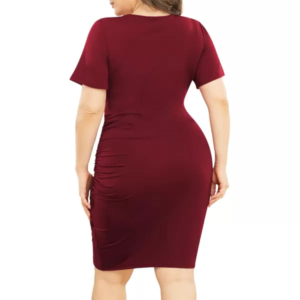 POSESHE Womens Plus Size Dresses Short Sleeve V Neck Ruched Bodycon Wrap Dress Sexy Casual Wedding Guest Cocktail Dress