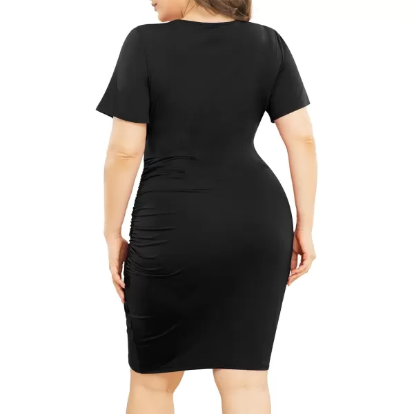 POSESHE Womens Plus Size Dresses Short Sleeve V Neck Ruched Bodycon Wrap Dress Sexy Casual Wedding Guest Cocktail Dress