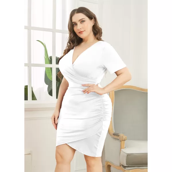 POSESHE Womens Plus Size Dresses Short Sleeve V Neck Ruched Bodycon Wrap Dress Sexy Casual Wedding Guest Cocktail Dress