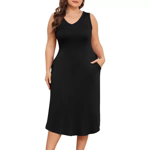 POSESHE Womens Plus Size Dresses Sleeveless V-Neck 2024 Summer Sundress Casual Wedding Guest Cocktail Dress with Pockets