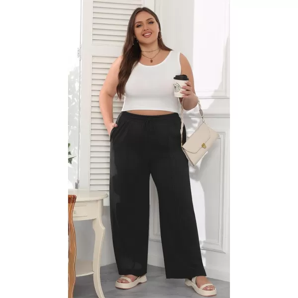 POSESHE Womens Plus Size Pants Casual Elastic Waist 2024 Summer Wide Leg Loose Fit Drawstring Trousers Sweatpant with Pockets