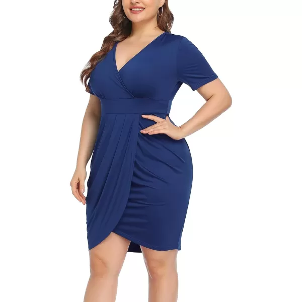 POSESHE Womens Plus Size Short Sleeve Deep V Neck Bodycon Wrap Dress with Front Slit
