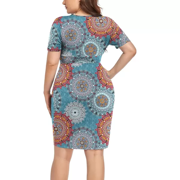 POSESHE Womens Plus Size Short Sleeve Deep V Neck Bodycon Wrap Dress with Front Slit
