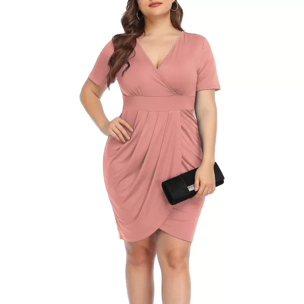 POSESHE Womens Plus Size Short Sleeve Deep V Neck Bodycon Wrap Dress with Front Slit