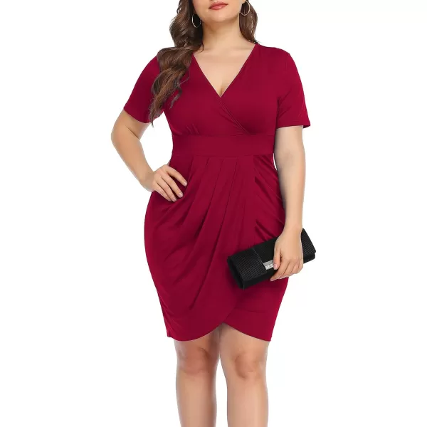 POSESHE Womens Plus Size Short Sleeve Deep V Neck Bodycon Wrap Dress with Front Slit