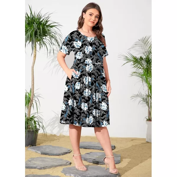 POSESHE Womens Plus Size Summer Dress 2023 Casual Short Sleeve Empire Waist Loose Fit Swing T-Shirt Dress with Pockets