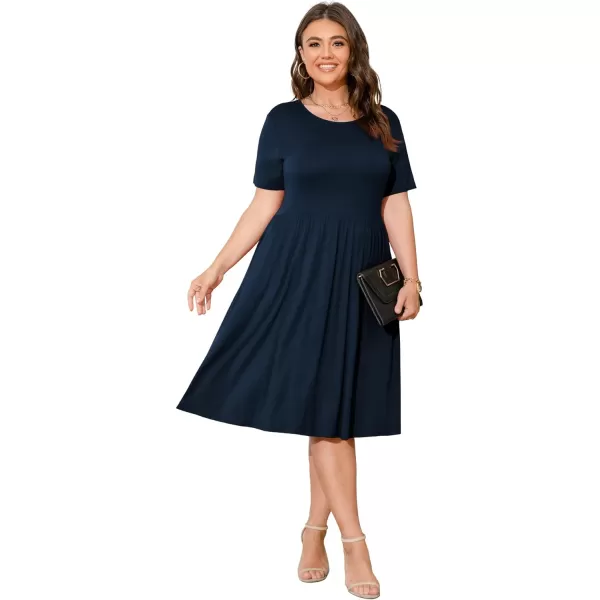 POSESHE Womens Plus Size Summer Dress 2023 Casual Short Sleeve Empire Waist Loose Fit Swing T-Shirt Dress with Pockets