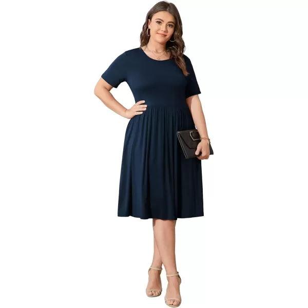 POSESHE Womens Plus Size Summer Dress 2023 Casual Short Sleeve Empire Waist Loose Fit Swing T-Shirt Dress with Pockets