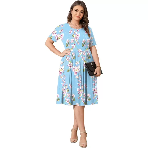 POSESHE Womens Plus Size Summer Dress 2023 Casual Short Sleeve Empire Waist Loose Fit Swing T-Shirt Dress with Pockets