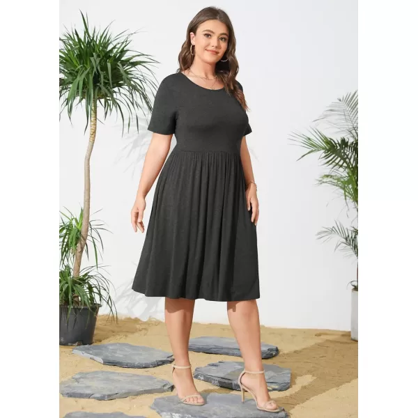 POSESHE Womens Plus Size Summer Dress 2023 Casual Short Sleeve Empire Waist Loose Fit Swing T-Shirt Dress with Pockets