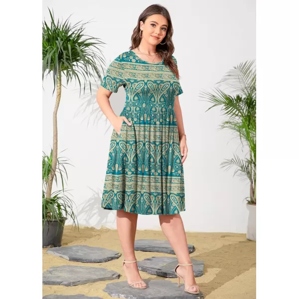 POSESHE Womens Plus Size Summer Dress 2023 Casual Short Sleeve Empire Waist Loose Fit Swing T-Shirt Dress with Pockets