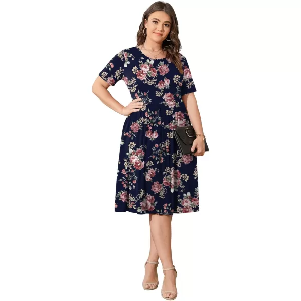 POSESHE Womens Plus Size Summer Dress 2023 Casual Short Sleeve Empire Waist Loose Fit Swing T-Shirt Dress with Pockets