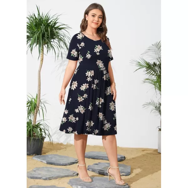 POSESHE Womens Plus Size Summer Dress 2023 Casual Short Sleeve Empire Waist Loose Fit Swing T-Shirt Dress with Pockets