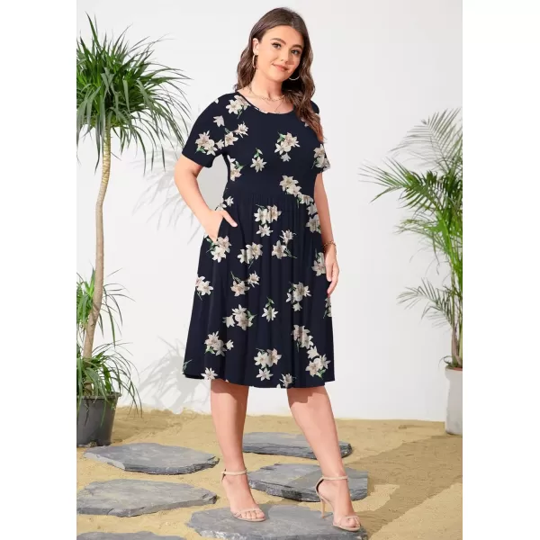 POSESHE Womens Plus Size Summer Dress 2023 Casual Short Sleeve Empire Waist Loose Fit Swing T-Shirt Dress with Pockets