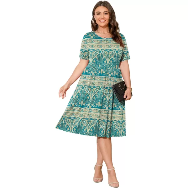 POSESHE Womens Plus Size Summer Dress 2023 Casual Short Sleeve Empire Waist Loose Fit Swing T-Shirt Dress with Pockets