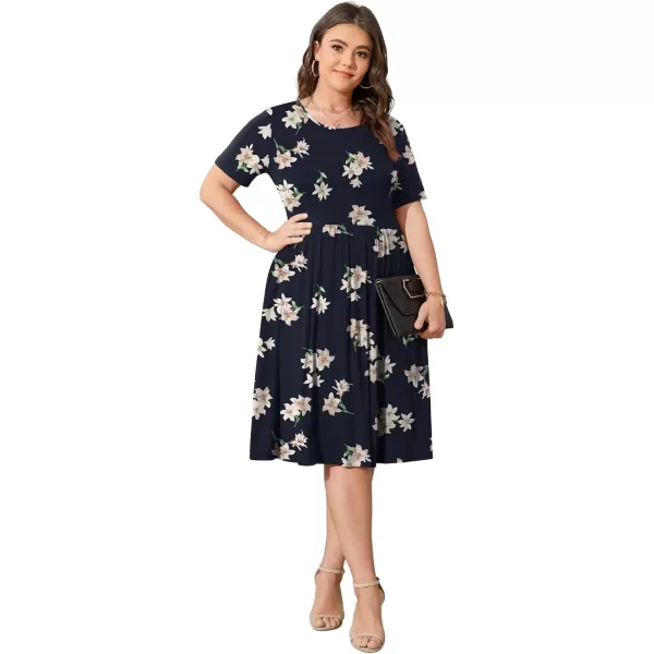 POSESHE Womens Plus Size Summer Dress 2023 Casual Short Sleeve Empire Waist Loose Fit Swing T-Shirt Dress with Pockets