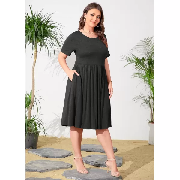 POSESHE Womens Plus Size Summer Dress 2023 Casual Short Sleeve Empire Waist Loose Fit Swing T-Shirt Dress with Pockets