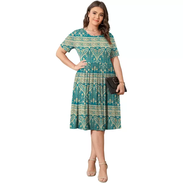POSESHE Womens Plus Size Summer Dress 2023 Casual Short Sleeve Empire Waist Loose Fit Swing T-Shirt Dress with Pockets
