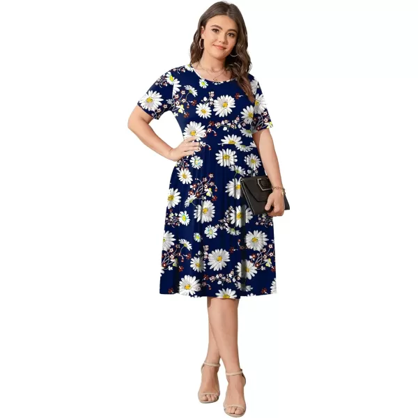 POSESHE Womens Plus Size Summer Dress 2023 Casual Short Sleeve Empire Waist Loose Fit Swing T-Shirt Dress with Pockets