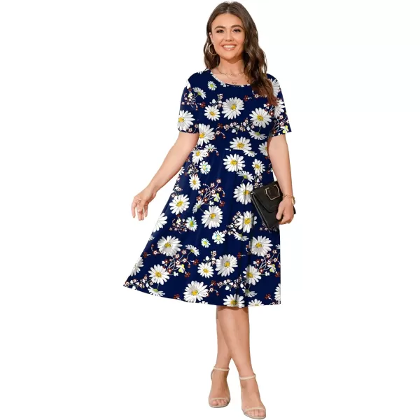 POSESHE Womens Plus Size Summer Dress 2023 Casual Short Sleeve Empire Waist Loose Fit Swing T-Shirt Dress with Pockets