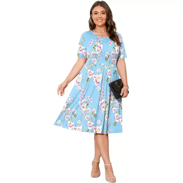 POSESHE Womens Plus Size Summer Dress 2023 Casual Short Sleeve Empire Waist Loose Fit Swing T-Shirt Dress with Pockets