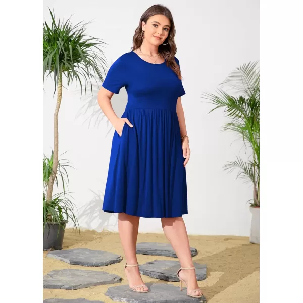 POSESHE Womens Plus Size Summer Dress 2023 Casual Short Sleeve Empire Waist Loose Fit Swing T-Shirt Dress with Pockets