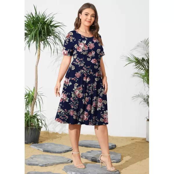 POSESHE Womens Plus Size Summer Dress 2023 Casual Short Sleeve Empire Waist Loose Fit Swing T-Shirt Dress with Pockets